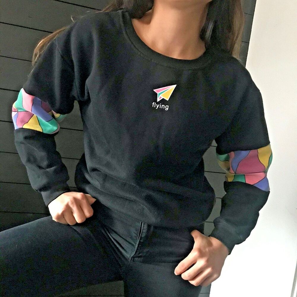 vtg 80s knit‎ black sweatshirt pastel kite boho crewneck pullover small street